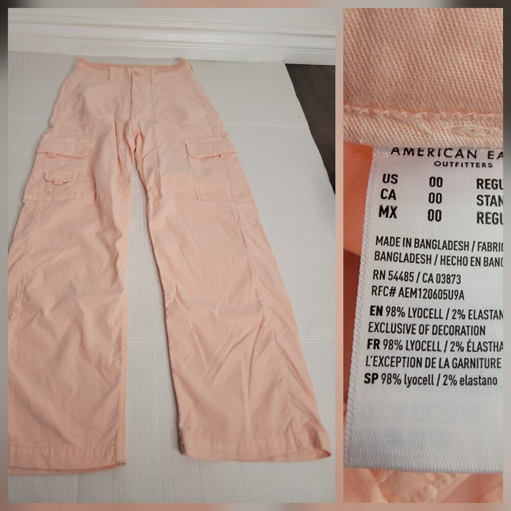 American Eagle Cargo Pants Sz 00 Straight Wide Leg Pink Salmon Gorpcore Drapey
